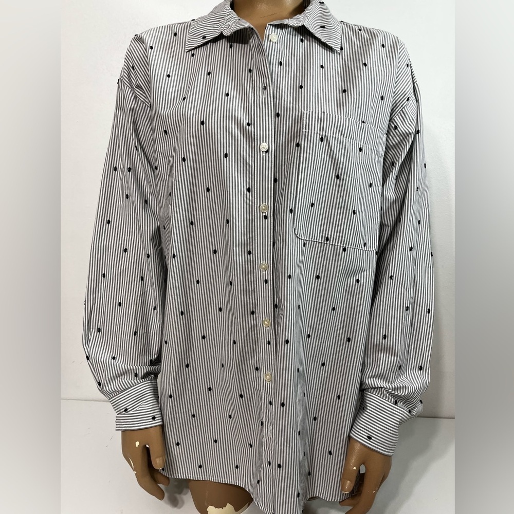 Loft Women's Gray‎ Striped Navy Embroidered Dots Button Up Blouse Size Medium